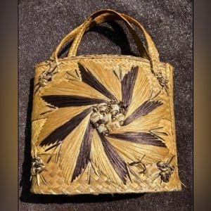 Vintage Raffia Straw & Jute Shoulder Bag Boho Beach Bag 60s Woven Summer Tote